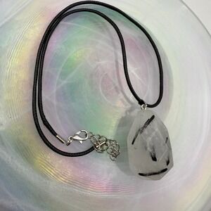 Black Tourmaline in Quartz Pendant Necklace Oval Faceted Gemstone‎ Boho Jewelry